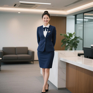 包臀裙职业装西服套装定制白衬衫蓝色领花