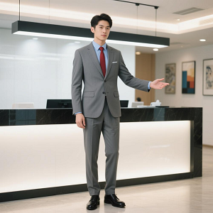 夏季灰色男士职业装前台商务西服套装定制蓝衬衫红领带